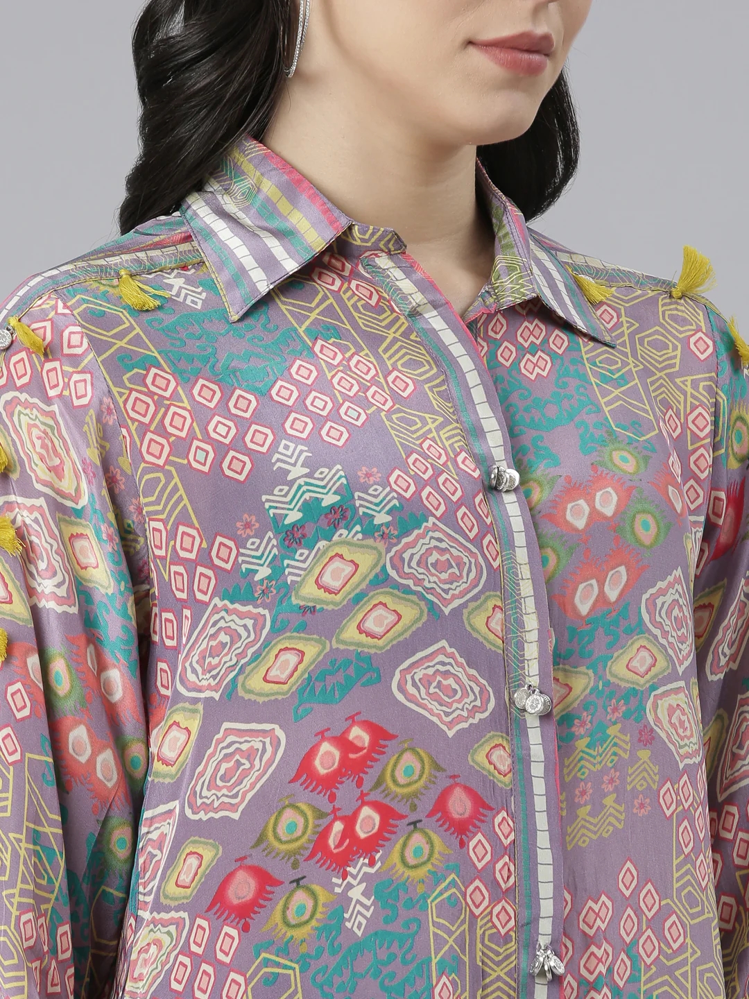 Neerus Lavender Regular Straight Chevron Kurta And Trousers - Image 4