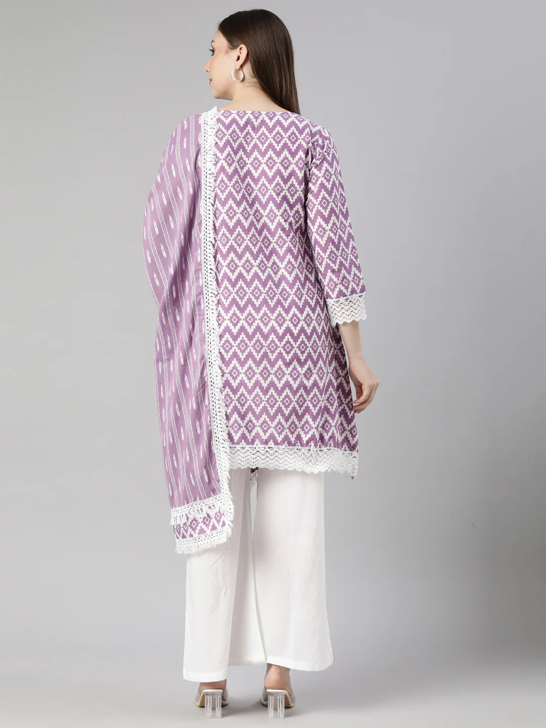 Neerus Lavender Regular Straight Chevron Kurti And  Palazzos With Dupatta - Image 3