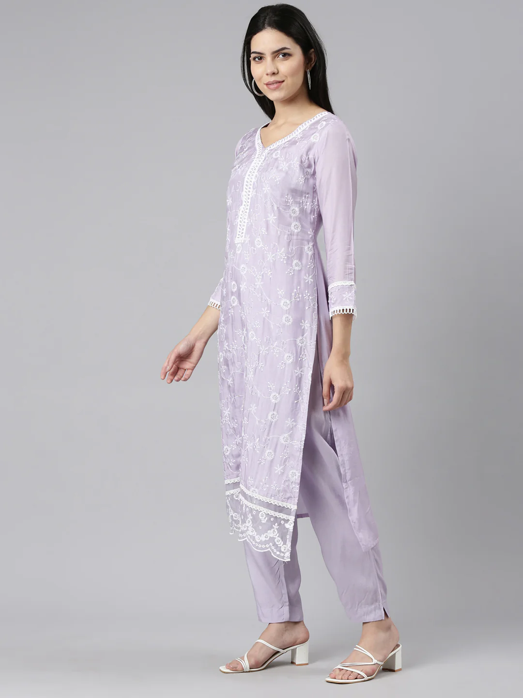 Neerus Lavender Regular Straight Embroidered Kurta And Trousers With Dupatta - Image 2