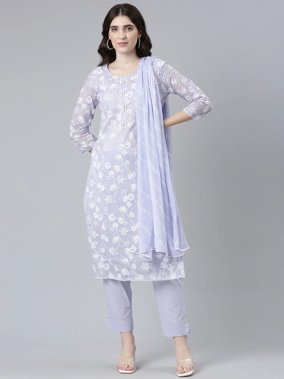 Neerus Lavender Regular Straight Embroidered Kurta And Trousers With Dupatta