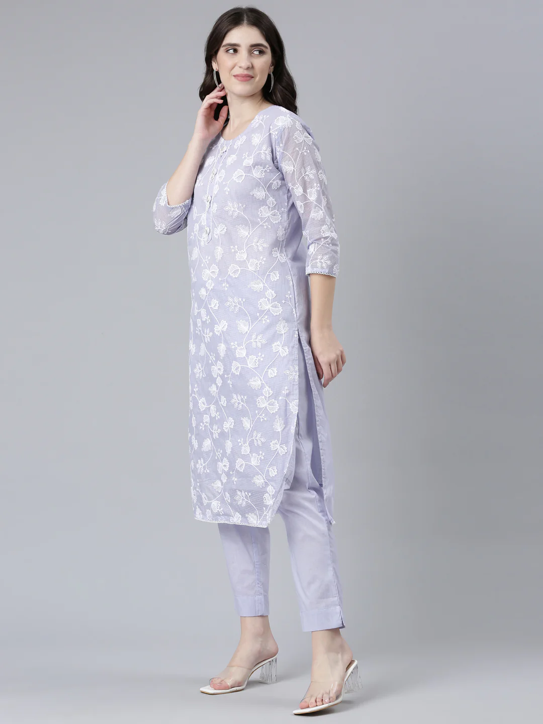 Neerus Lavender Regular Straight Embroidered Kurta And Trousers With Dupatta - Image 2