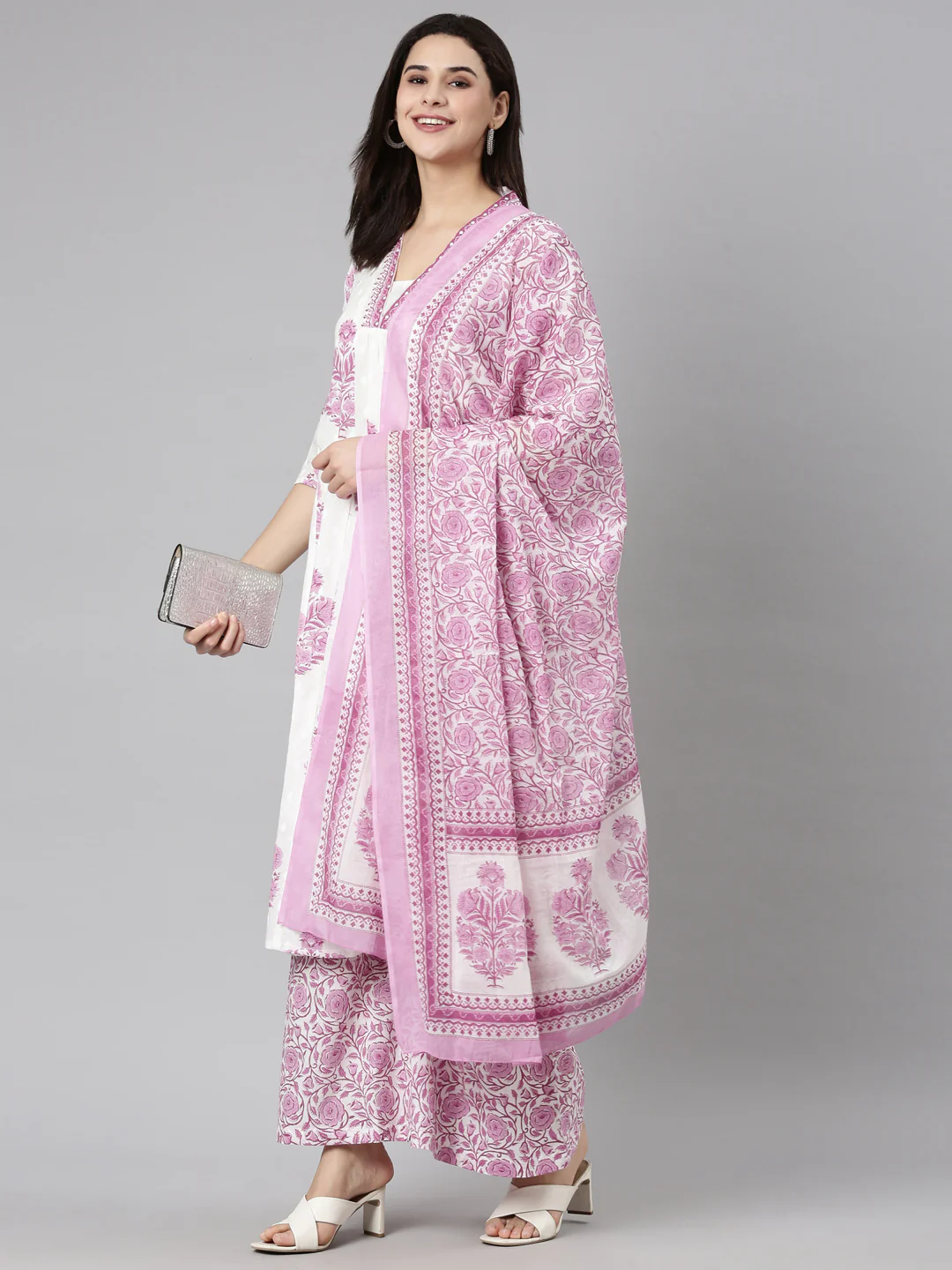 Neerus Lavender Regular Straight Floral Kurta And Palazzos With Dupatta - Image 5