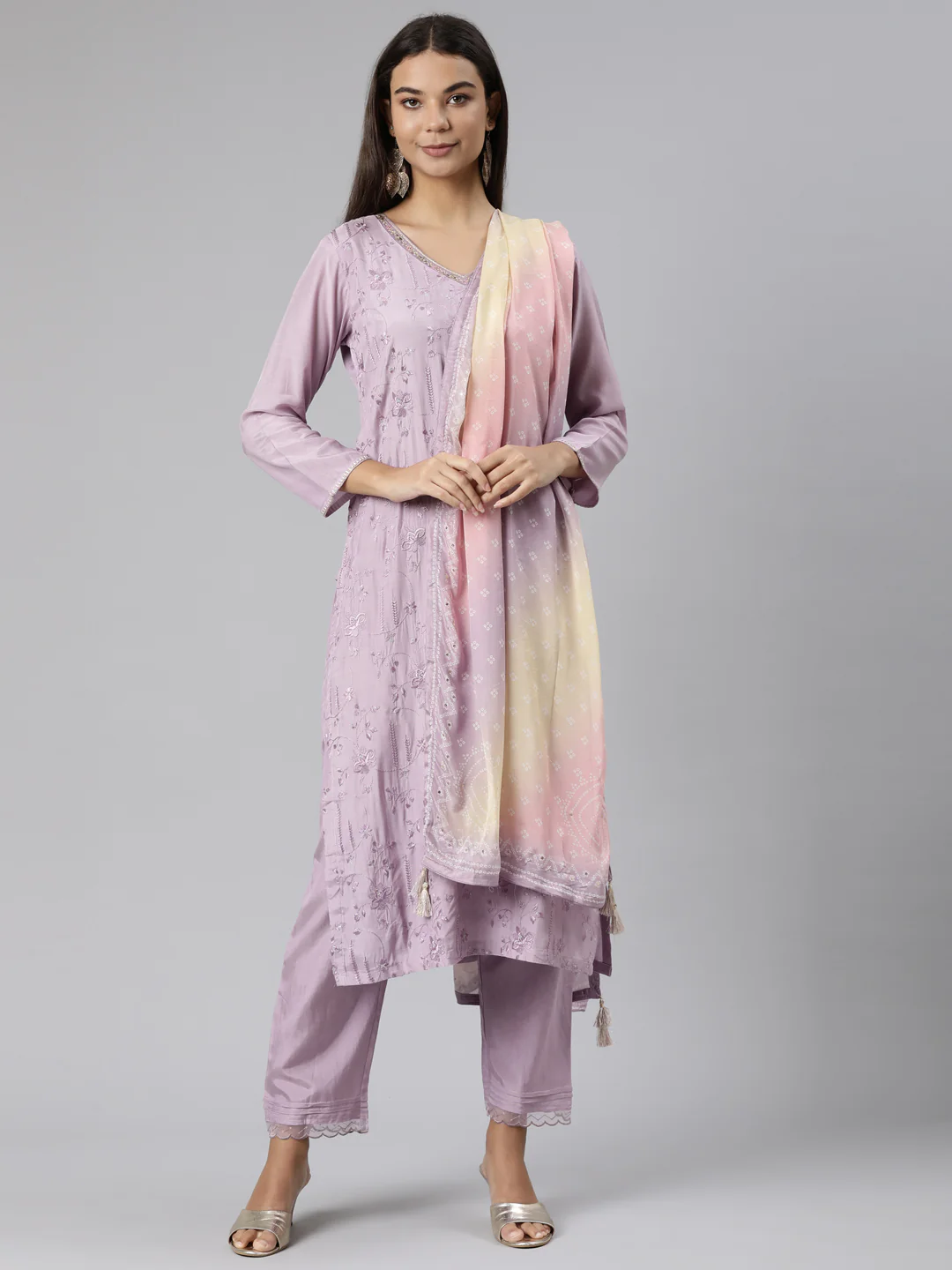 Neerus Lavender Regular Straight Floral Kurta And Trousers With Dupatta