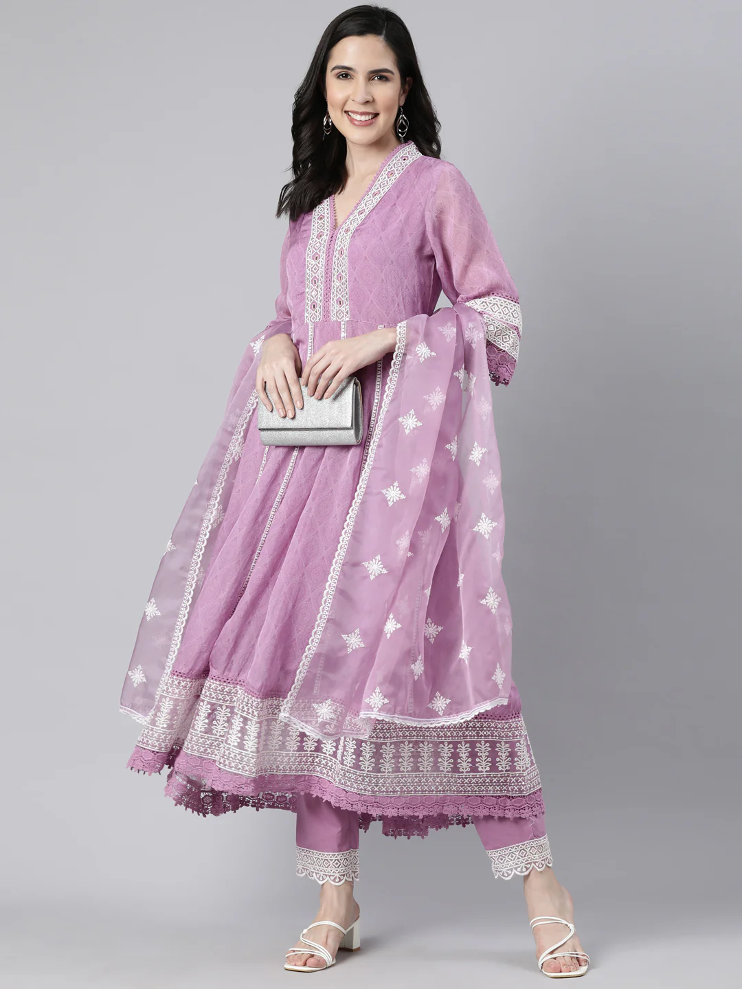 Neerus Lavender Regular Straight Floral Kurta And Trousers With Dupatta - Image 4