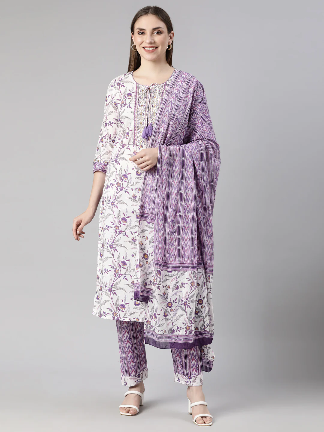 Neerus Lavender Regular Straight Floral Kurta And Trousers With Dupatta