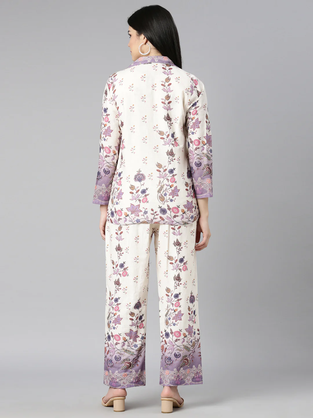 Neerus Lavender Regular Straight Floral Top And Trousers - Image 3