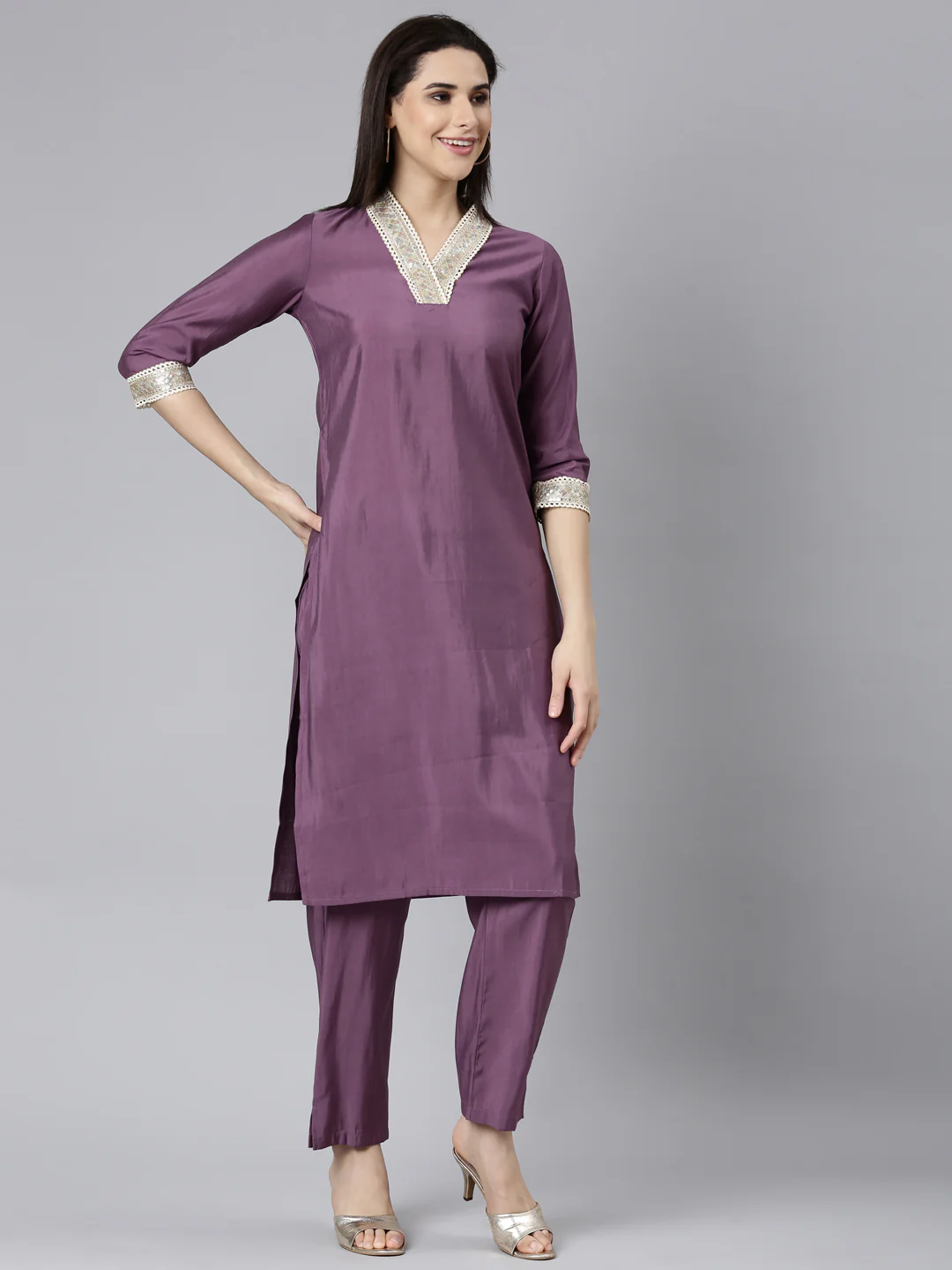 Neerus Lavender Regular Straight Solid Kurta And Trousers With Dupatta - Image 2