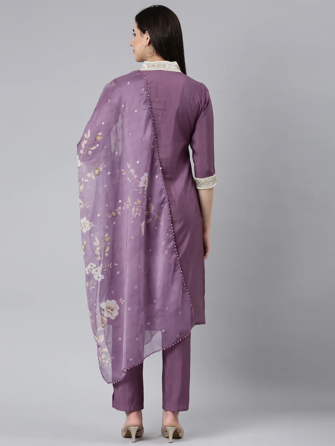 Neerus Lavender Regular Straight Solid Kurta And Trousers With Dupatta - Image 3