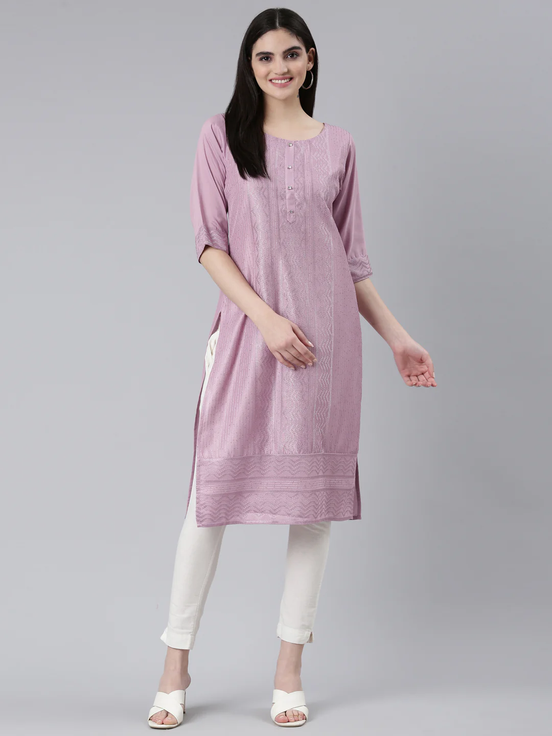 Neerus Lavender Regular Straight Woven Design Kurta - Image 5