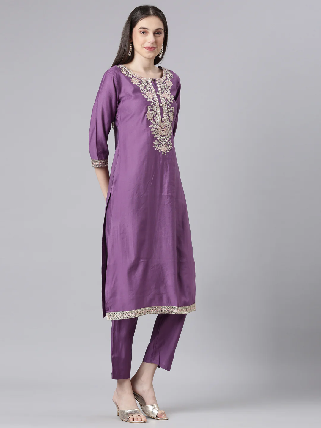Neerus Lavender Solid Straight Kurta and Trousers With Dupatta - Image 2