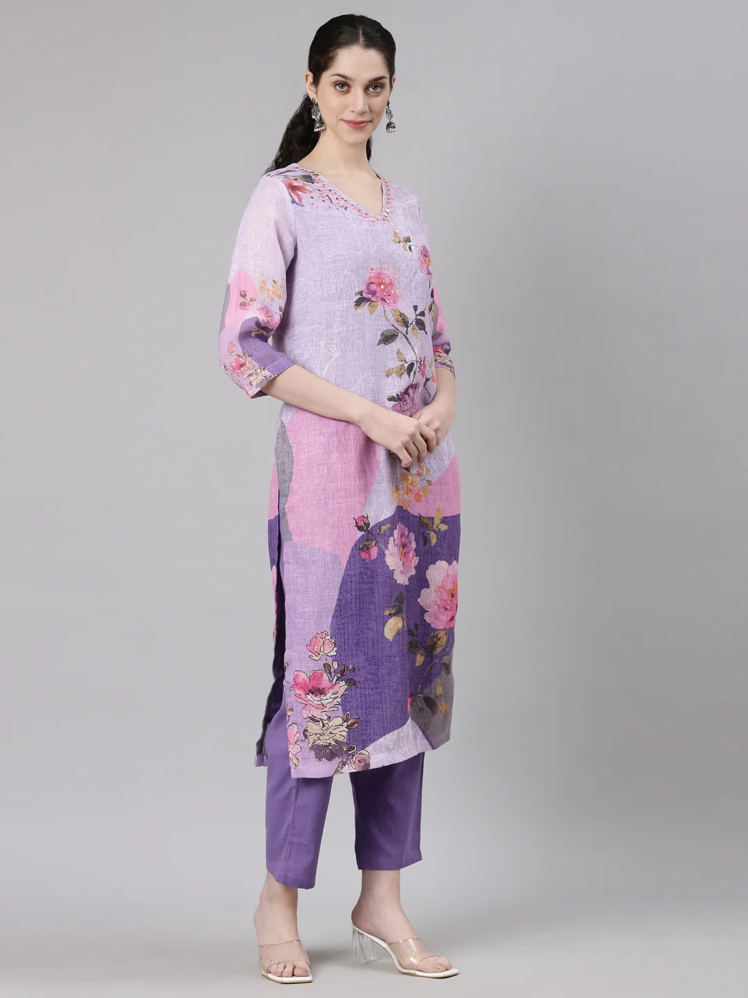 Neerus Lavender Straight Casual Floral Kurta and Trouser with Dupatta - Image 3