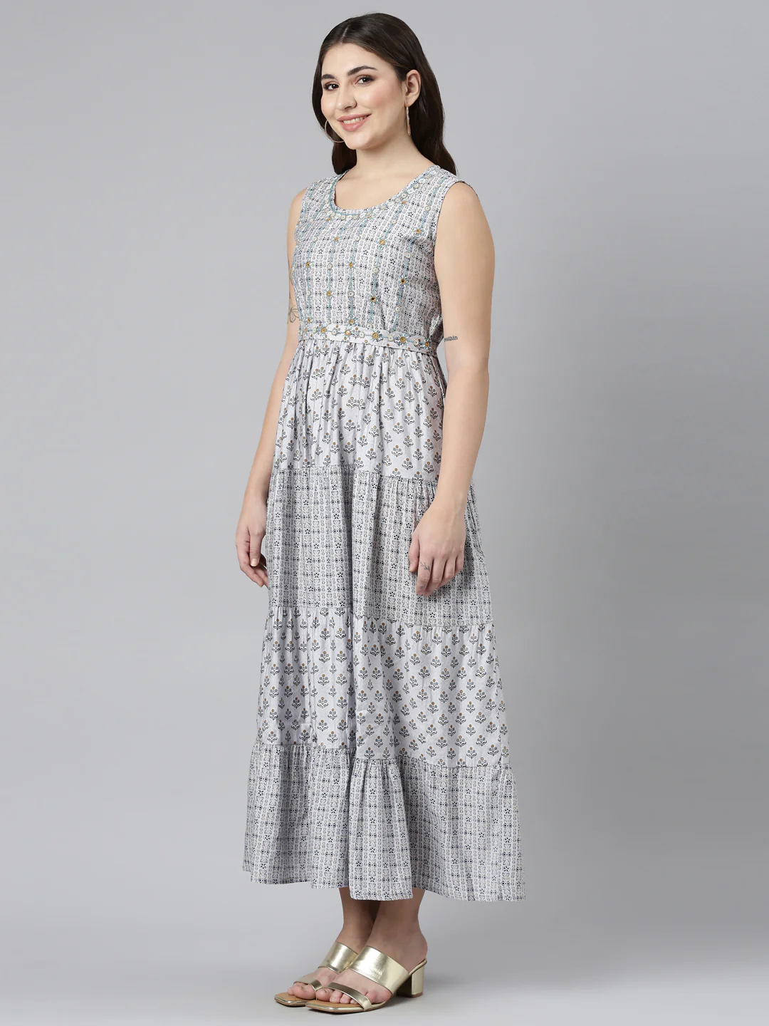Neerus Lavender Straight Casual Printed Dress - Image 2