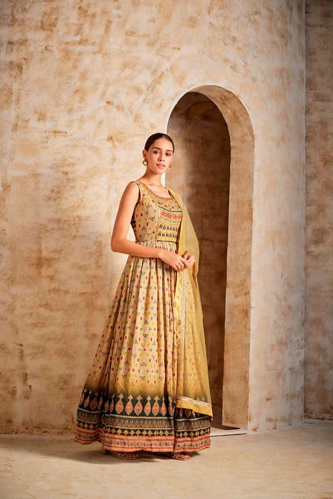 Neerus Lemon Color Banaras Fabric Gown - Image 3