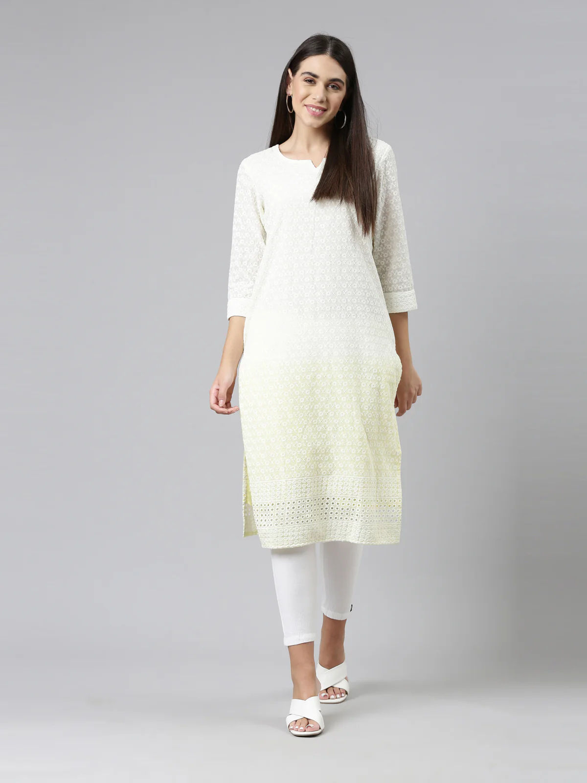 Neerus Lemon Color Chiken Fabric Kurta - Image 5