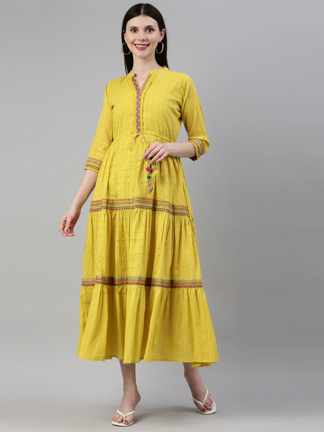 Neerus Lemon Color Cotton Fabric Dress - Image 10