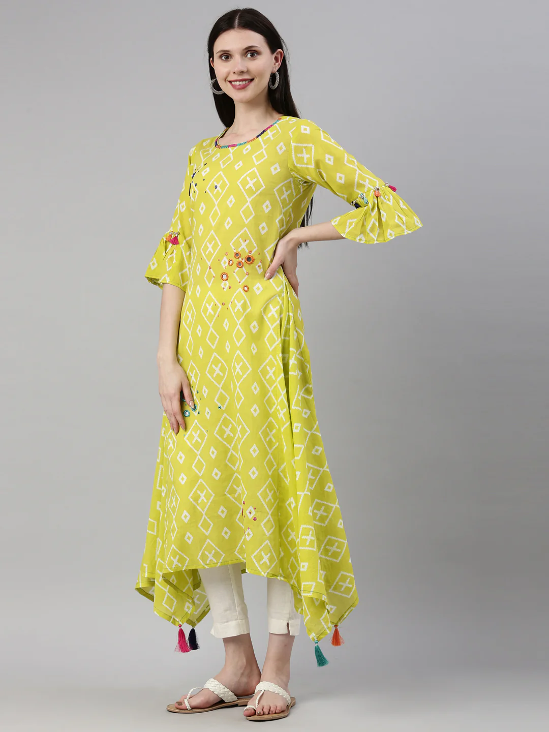 Neerus Lemon Color Mulmul Fabric Kurta - Image 3