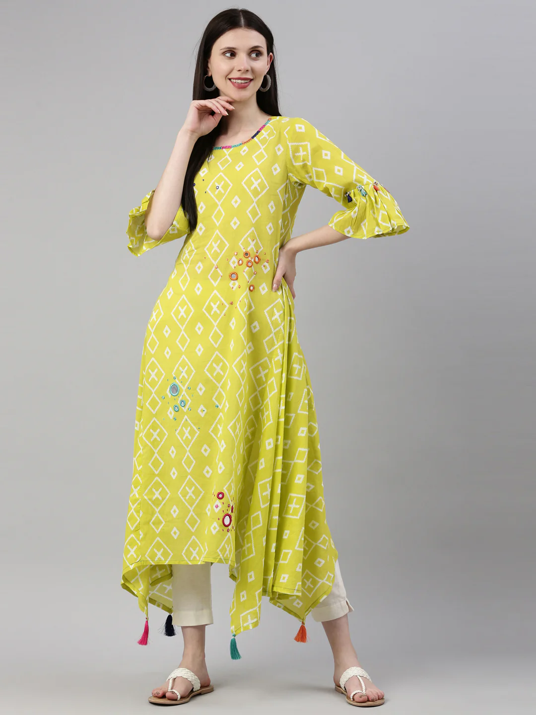 Neerus Lemon Color Mulmul Fabric Kurta - Image 6