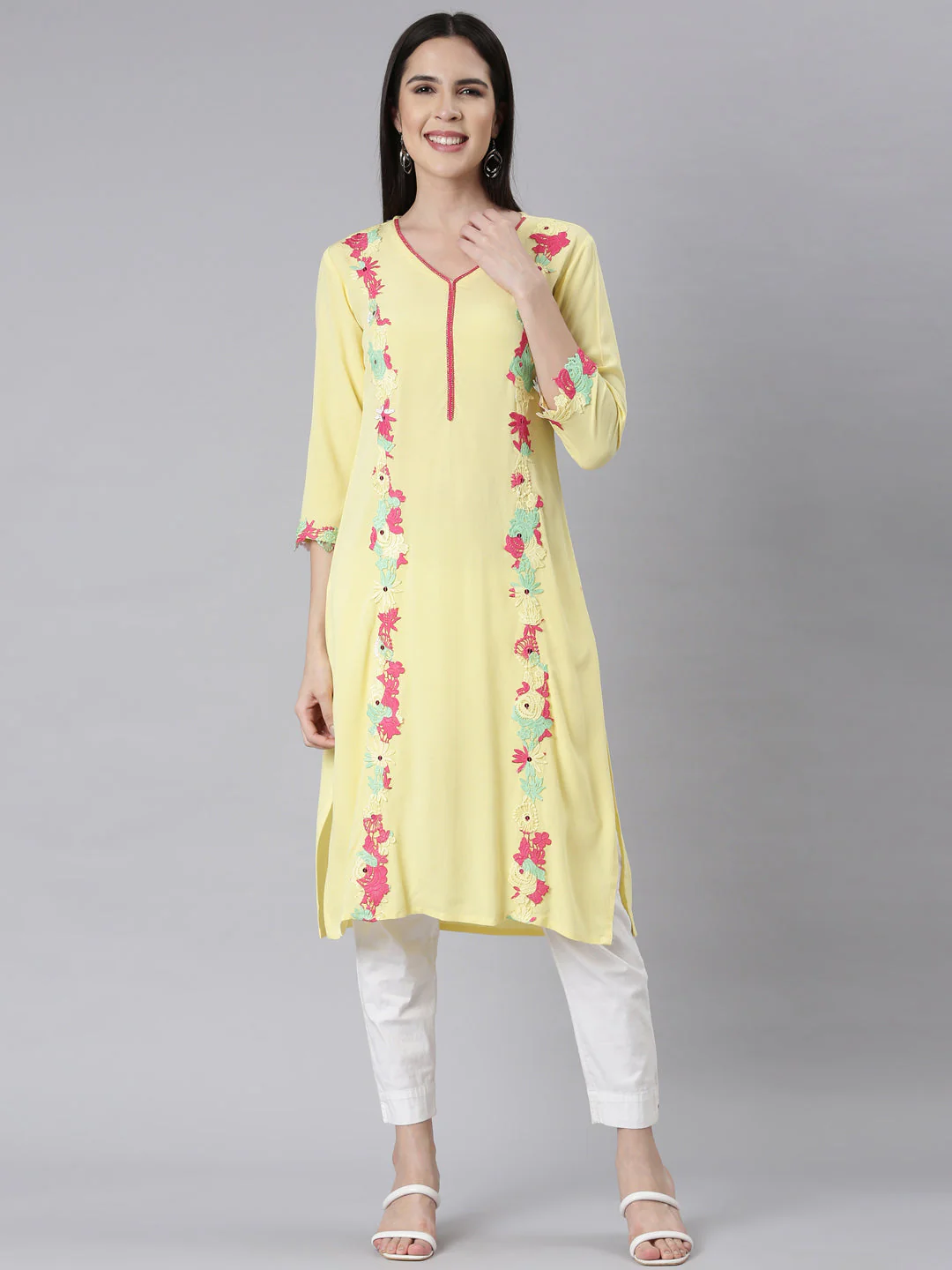 Neerus Lemon Panelled Straight Embellished Kurta
