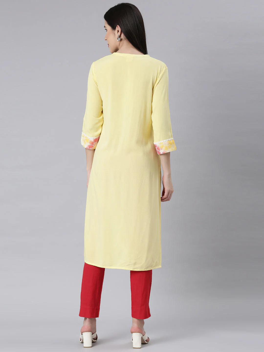 Neerus Lemon Panelled Straight Floral Kurta - Image 3