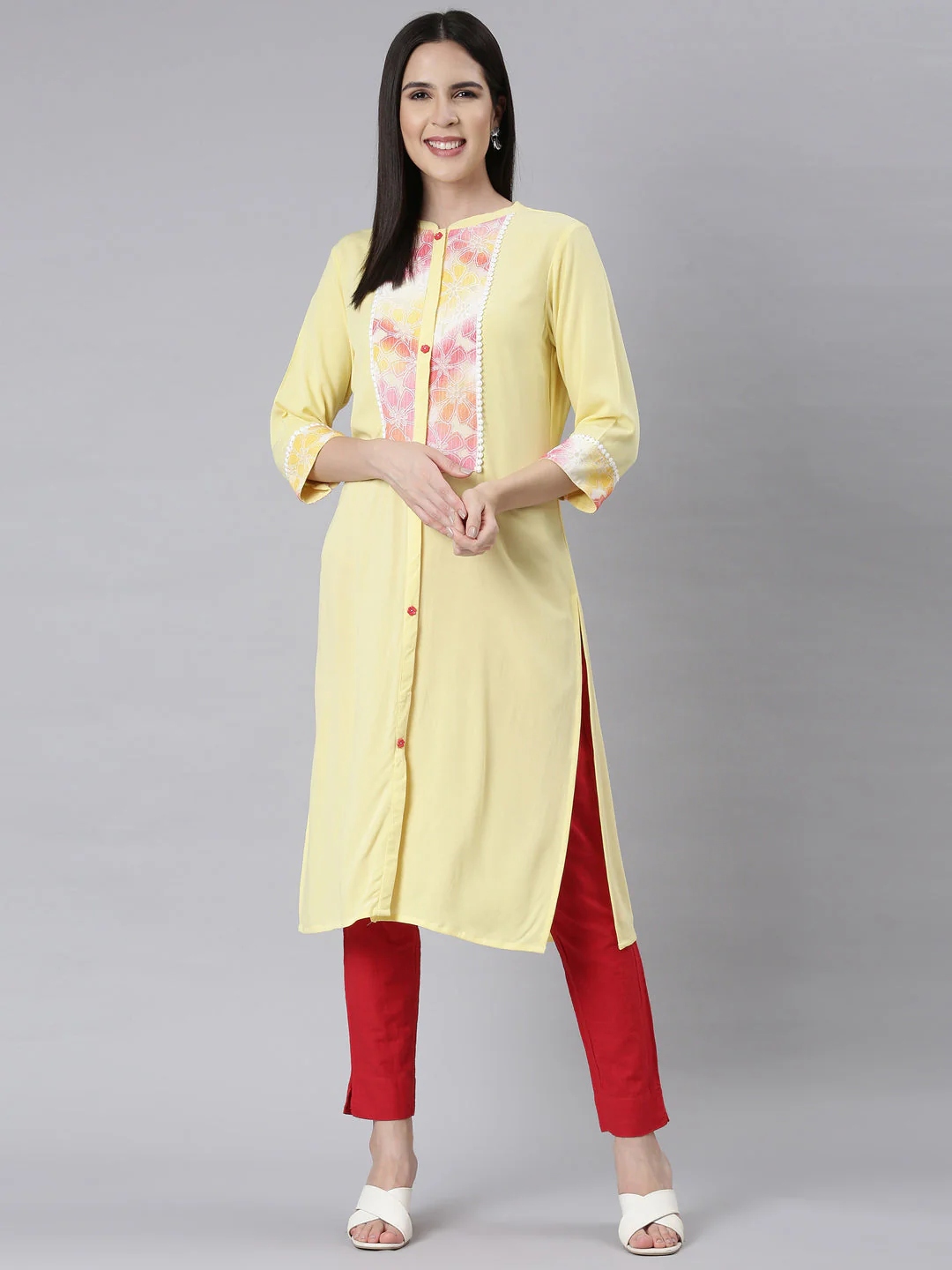 Neerus Lemon Panelled Straight Floral Kurta - Image 4