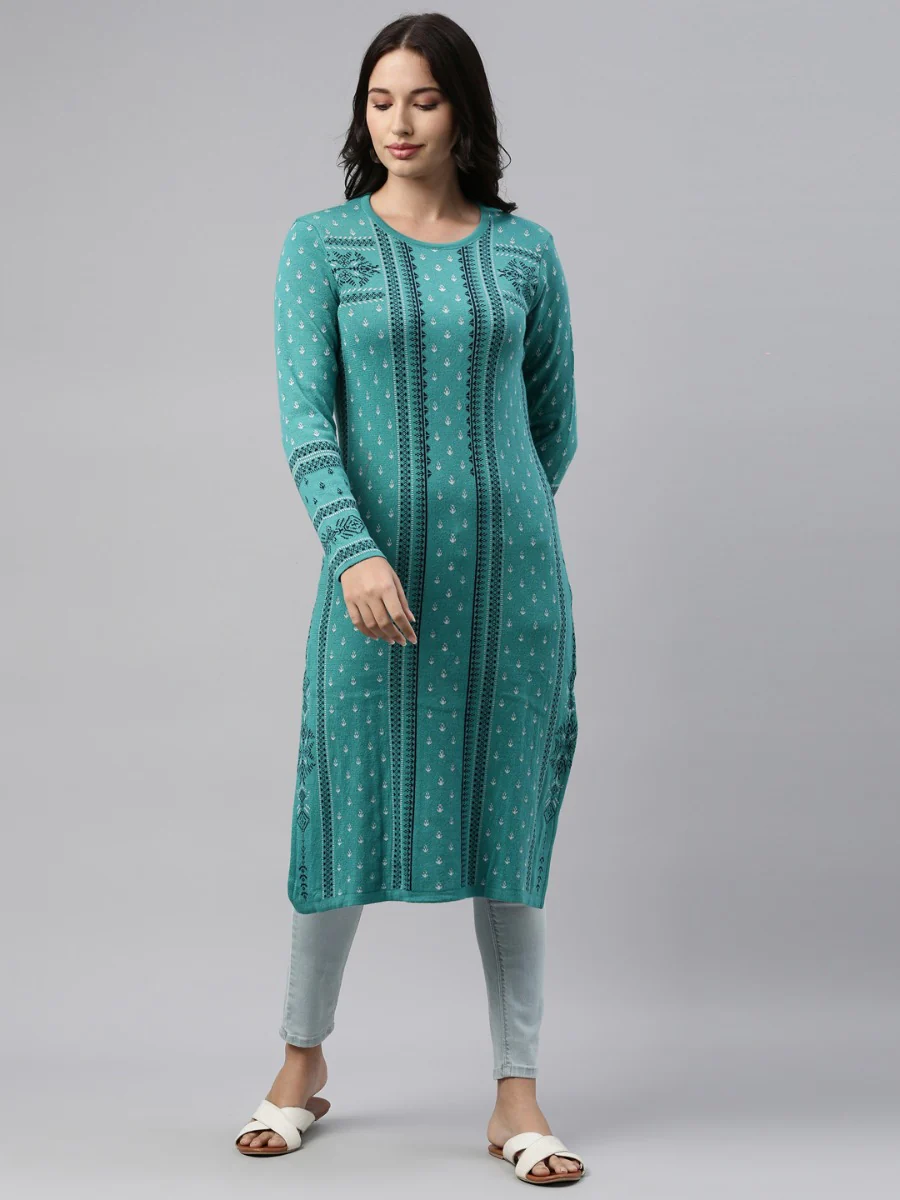 Neerus Light Green Color Winter Wear Kurtha - Image 3