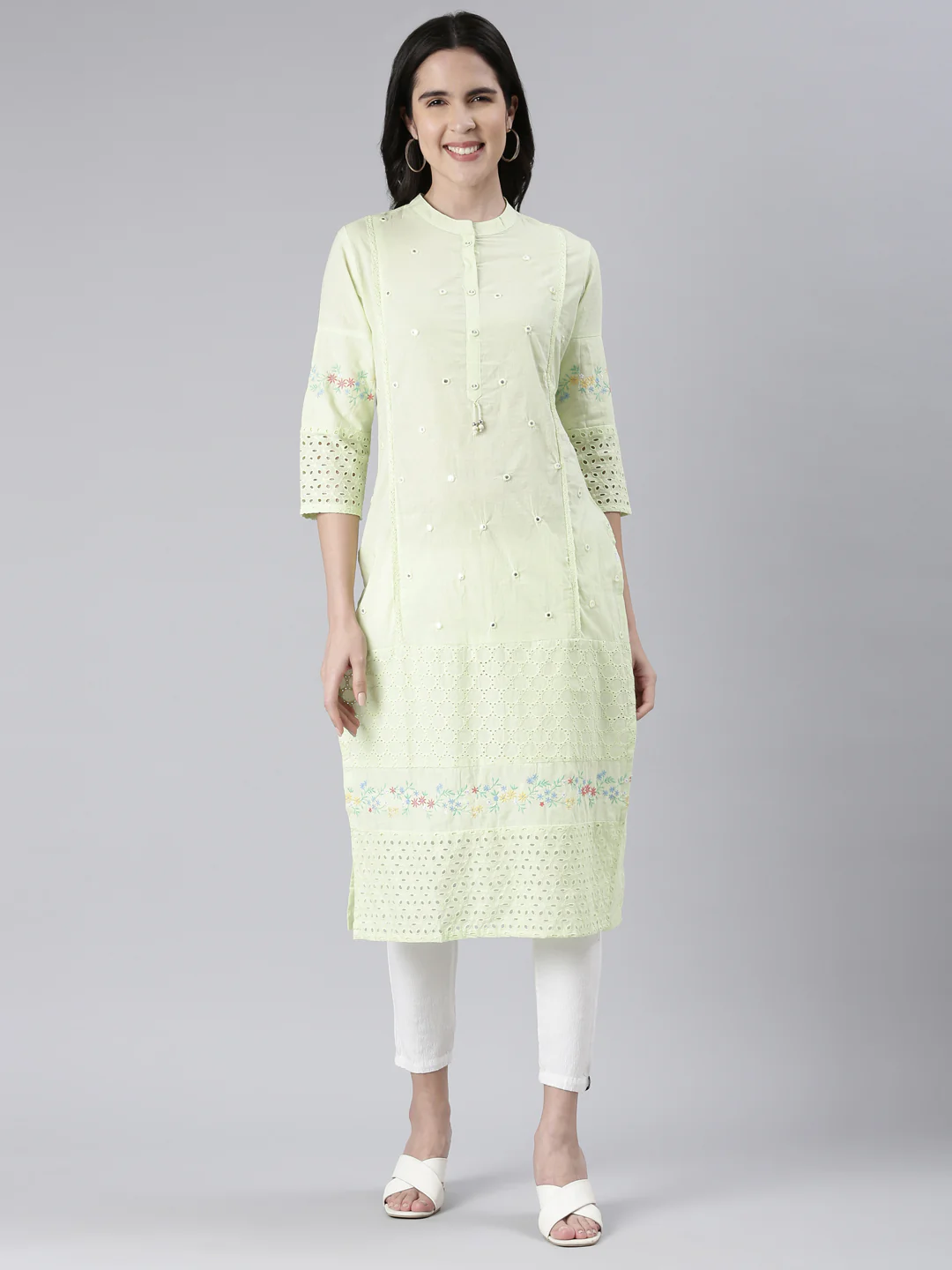 Neerus Light Green Straight Solid Cotton Kurta