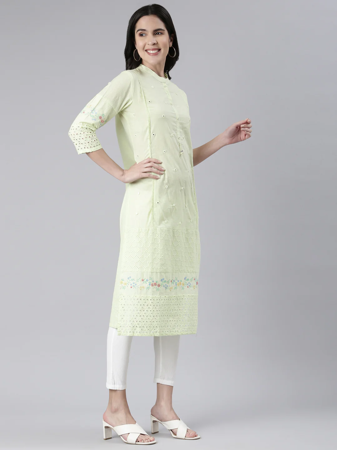 Neerus Light Green Straight Solid Cotton Kurta - Image 2