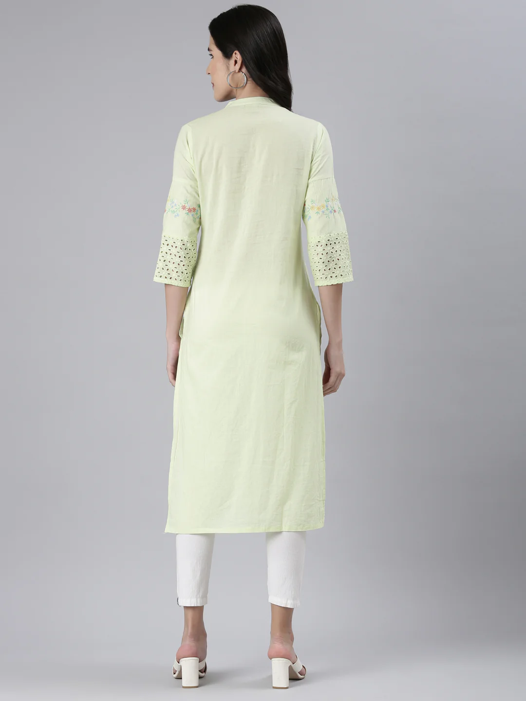 Neerus Light Green Straight Solid Cotton Kurta - Image 3