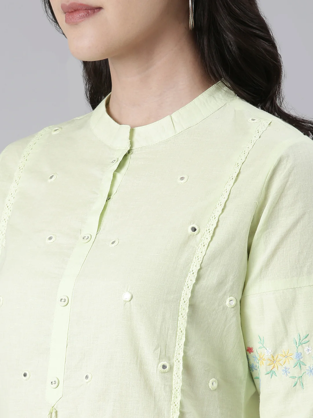 Neerus Light Green Straight Solid Cotton Kurta - Image 4