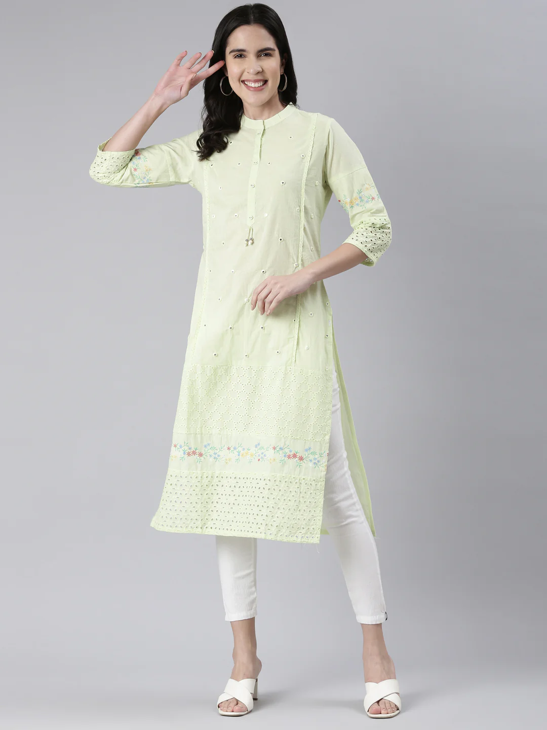 Neerus Light Green Straight Solid Cotton Kurta - Image 5
