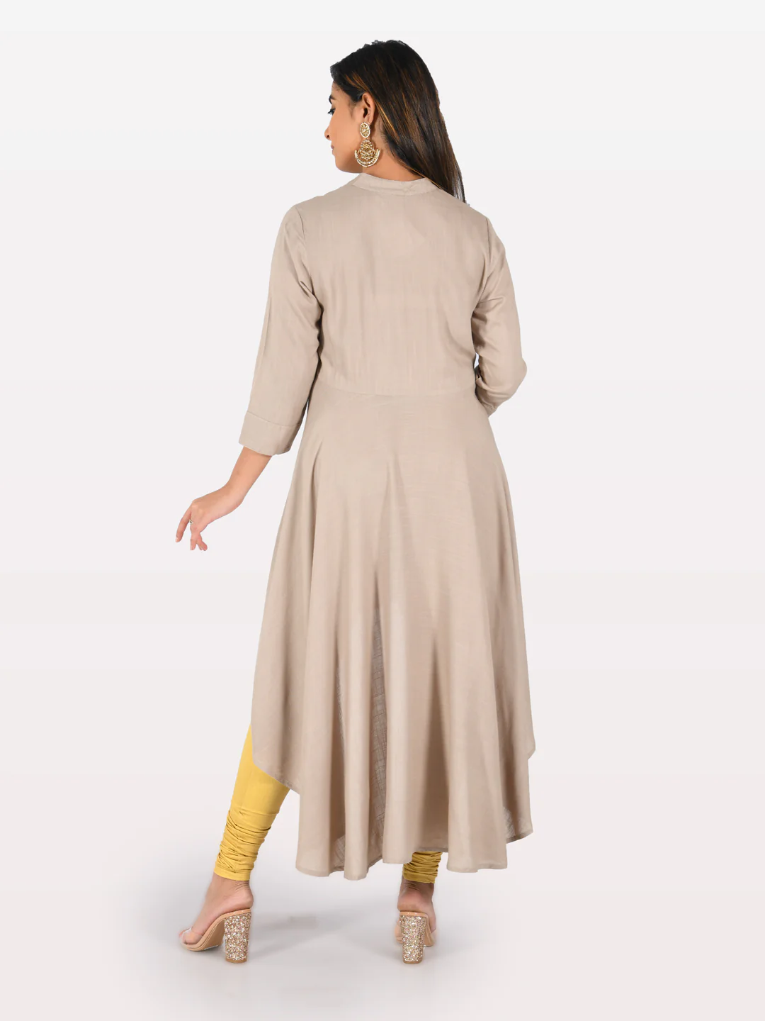 Neerus Light Khaki Embroidered High Low Kurta - Image 2