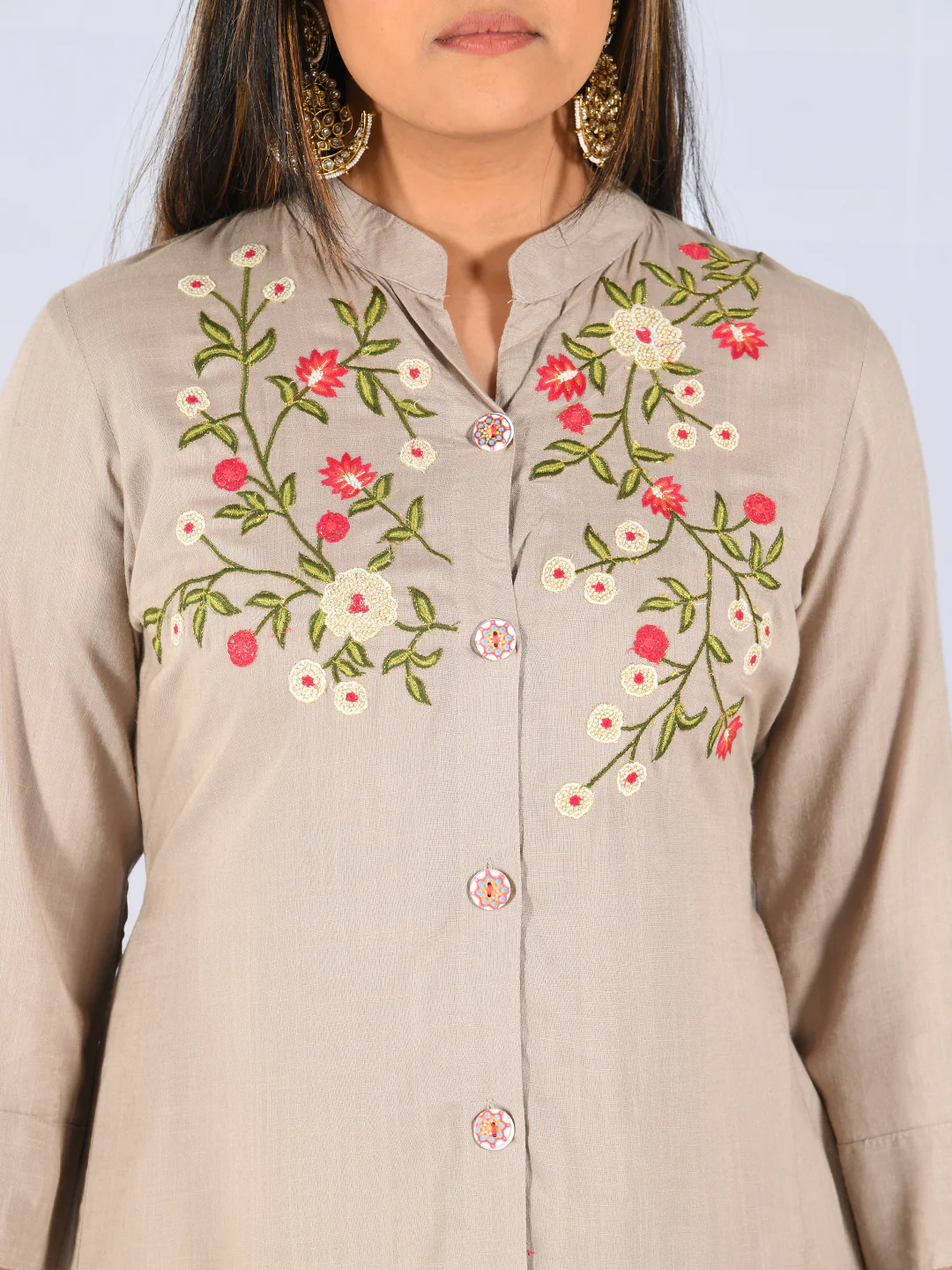 Neerus Light Khaki Embroidered High Low Kurta - Image 3
