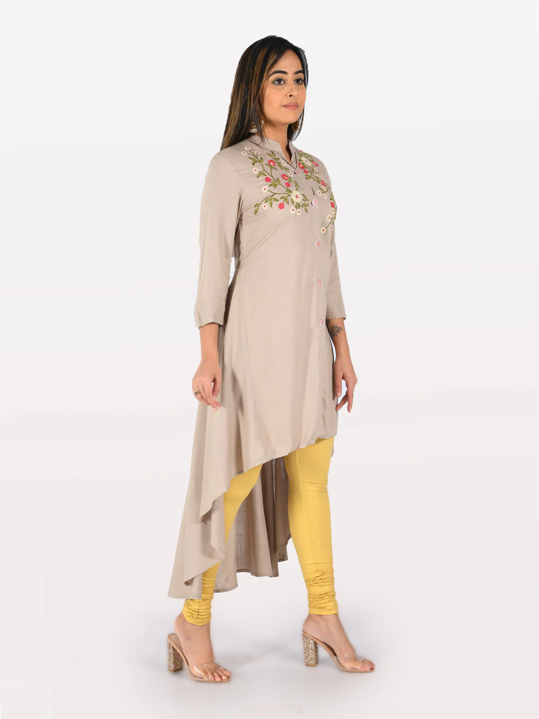 Neerus Light Khaki Embroidered High Low Kurta - Image 4