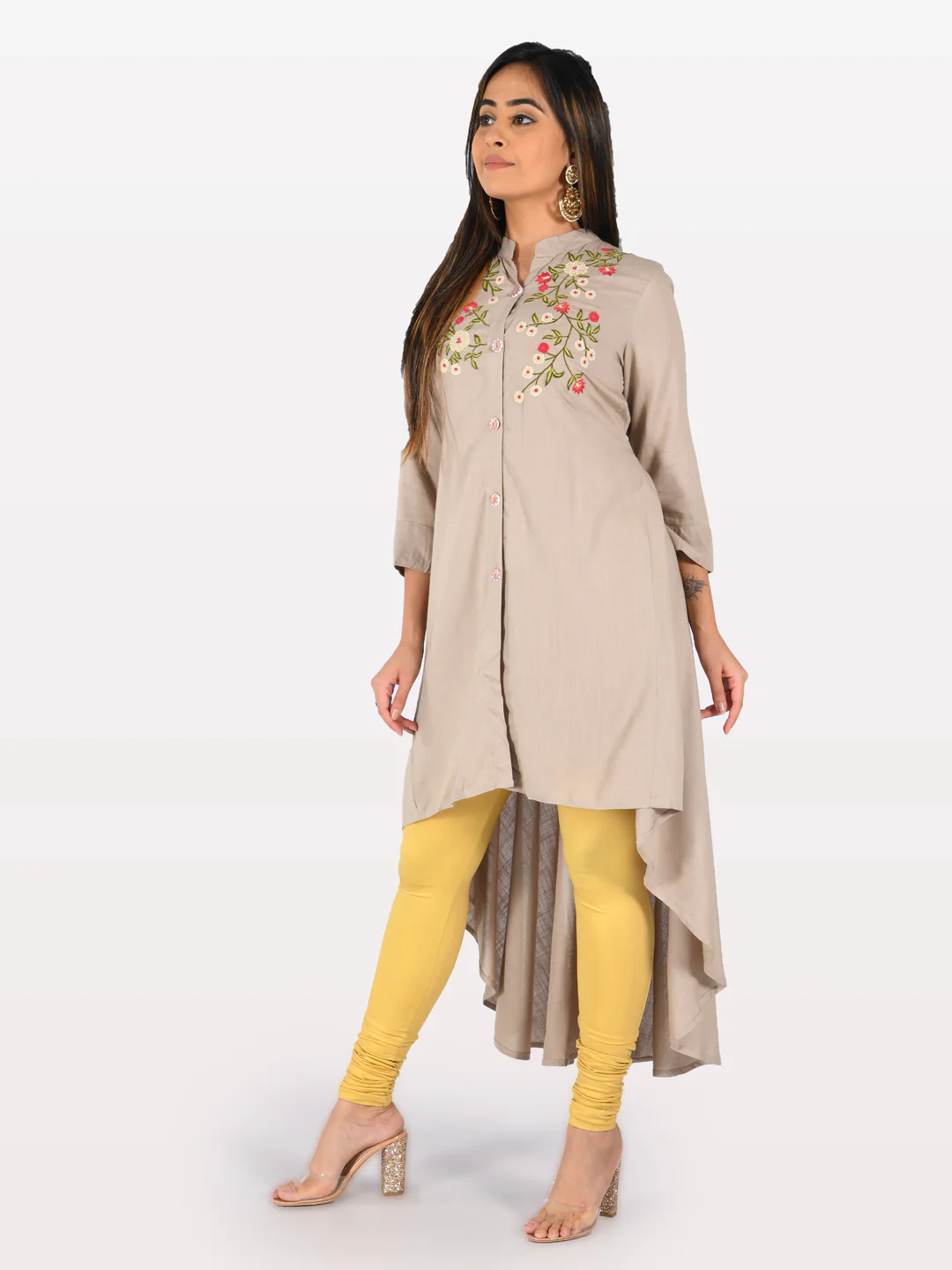 Neerus Light Khaki Embroidered High Low Kurta - Image 5