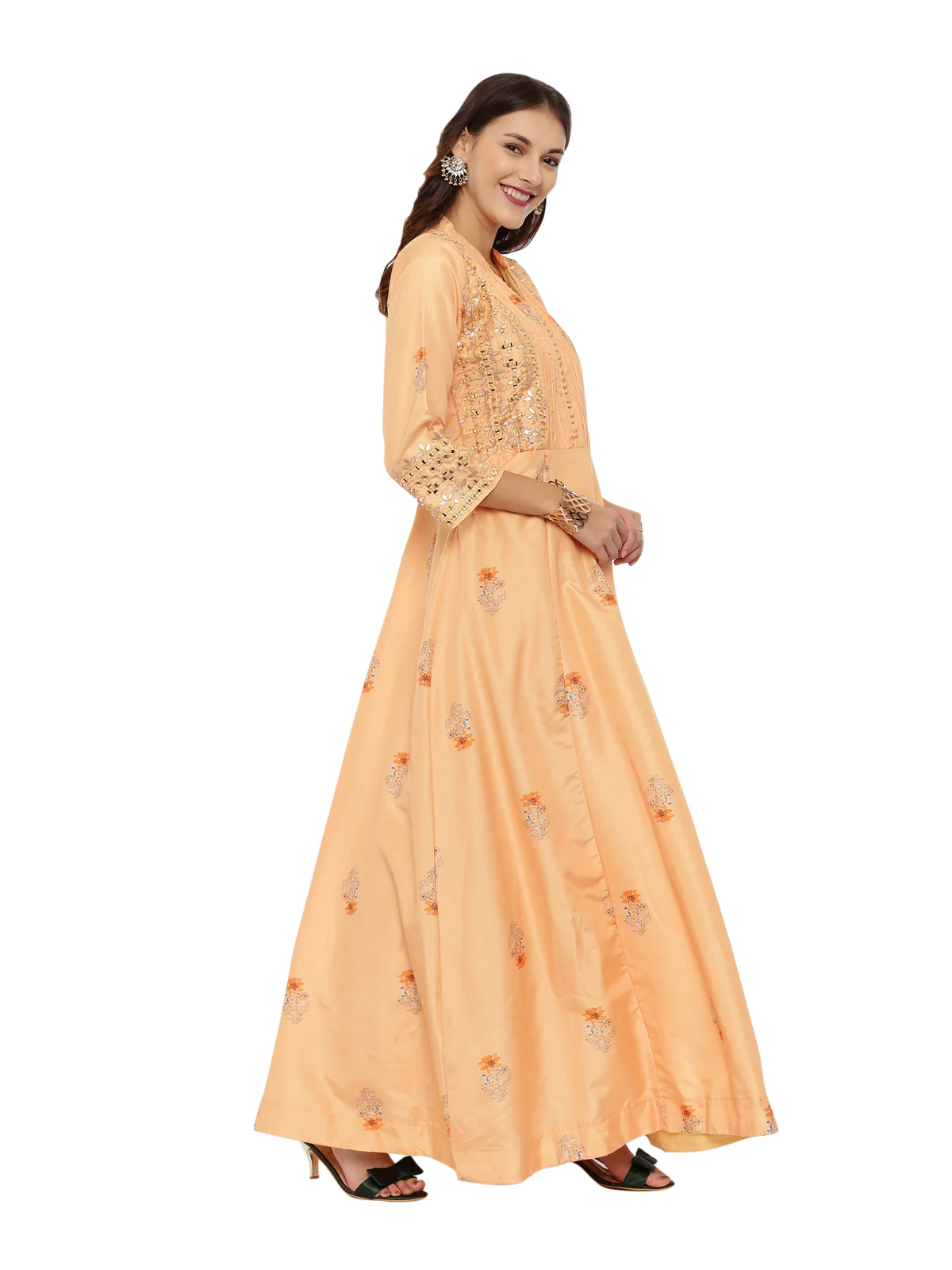 Neerus Light Orange Embellished Anarkali With Churidar & Dupatta - Image 3