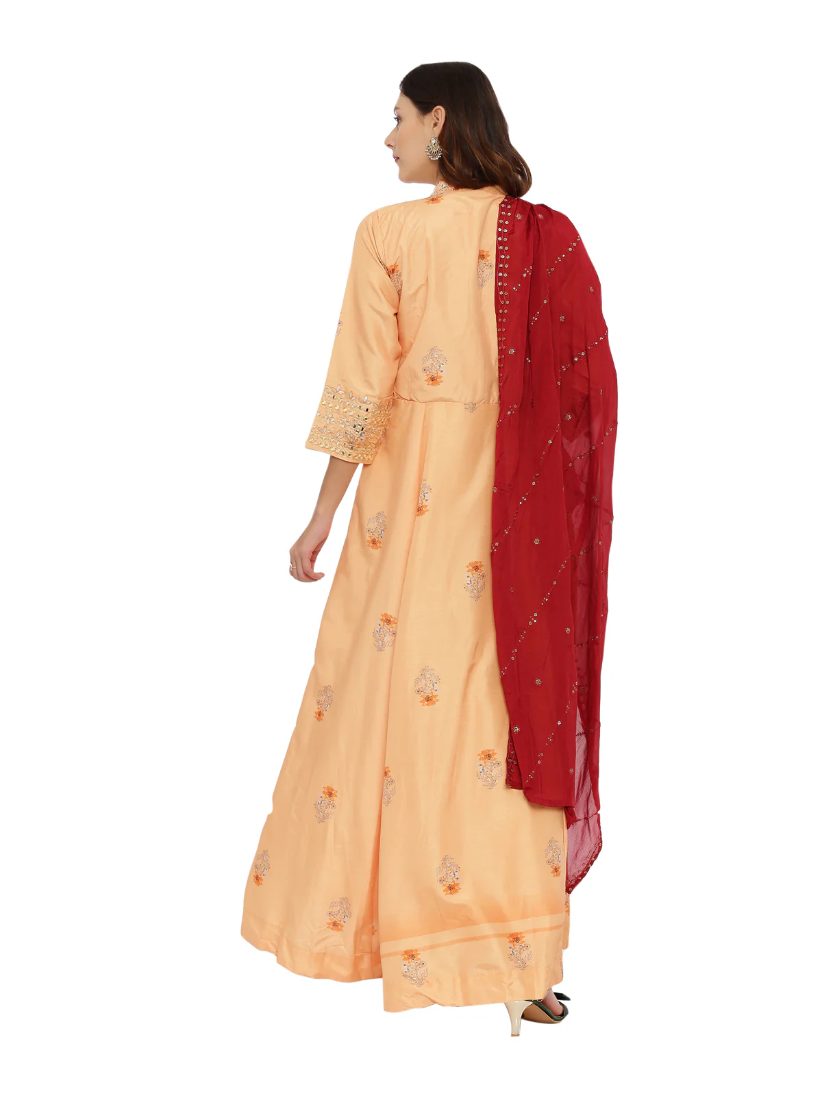 Neerus Light Orange Embellished Anarkali With Churidar & Dupatta - Image 4