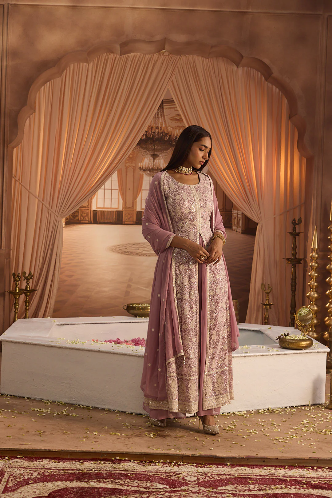 Neerus Lilac Embroidery Georgette Fabric Kurta Plazzo and Dupatta - Image 2