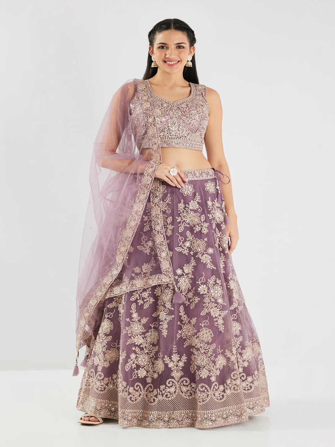 Neerus Lilac Embroidery Work Net Fabric Ghagra Set