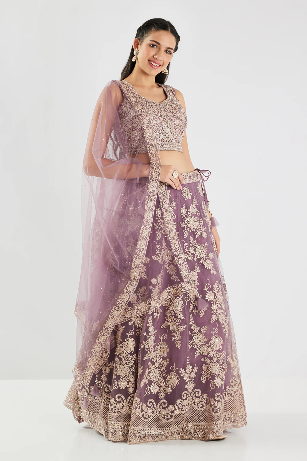 Neerus Lilac Embroidery Work Net Fabric Ghagra Set - Image 3