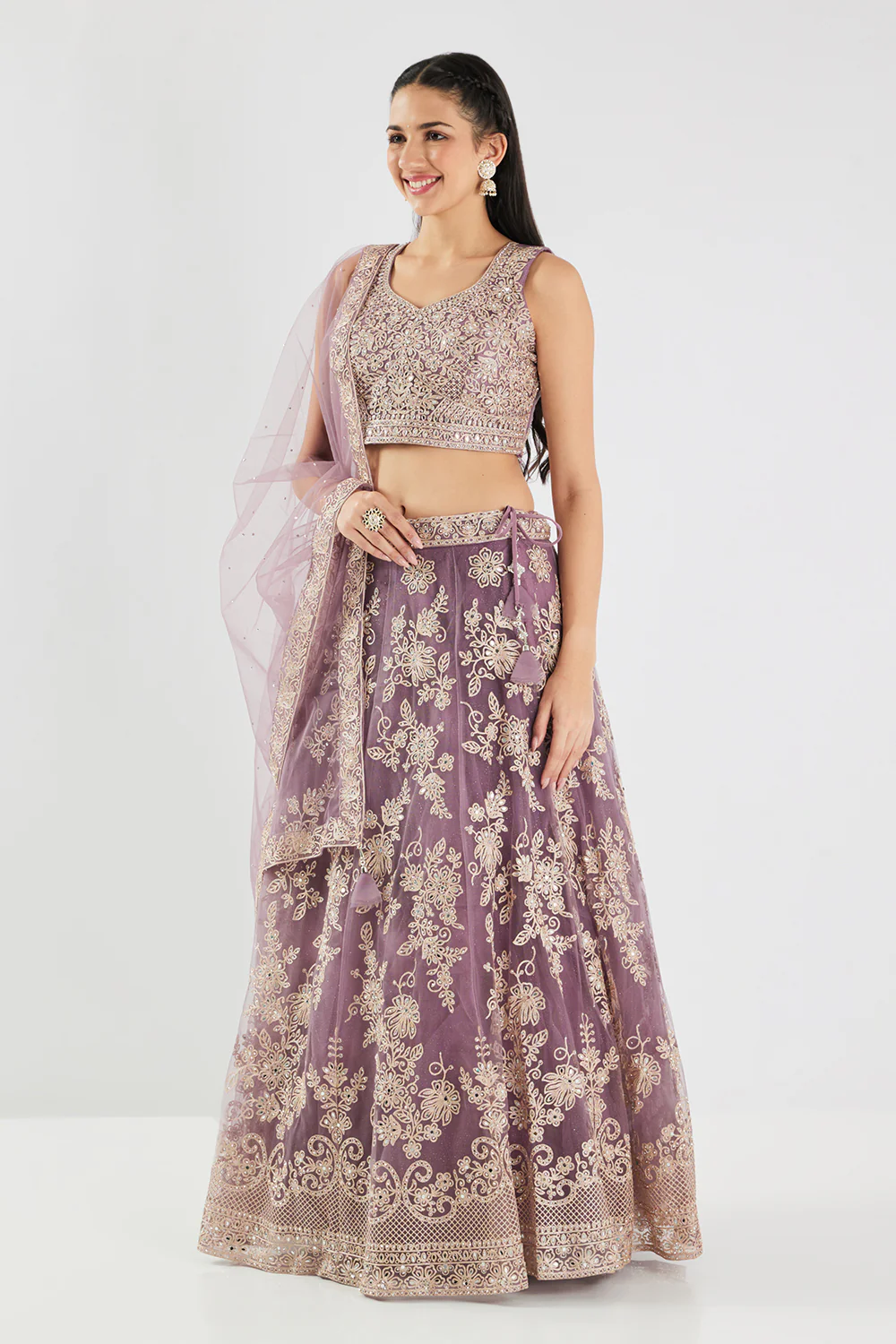 Neerus Lilac Embroidery Work Net Fabric Ghagra Set - Image 6