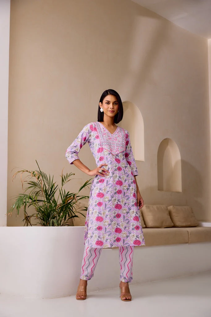 Neerus Lilac Straight Embellished Kurta And Trousers With Dupatta - Image 5