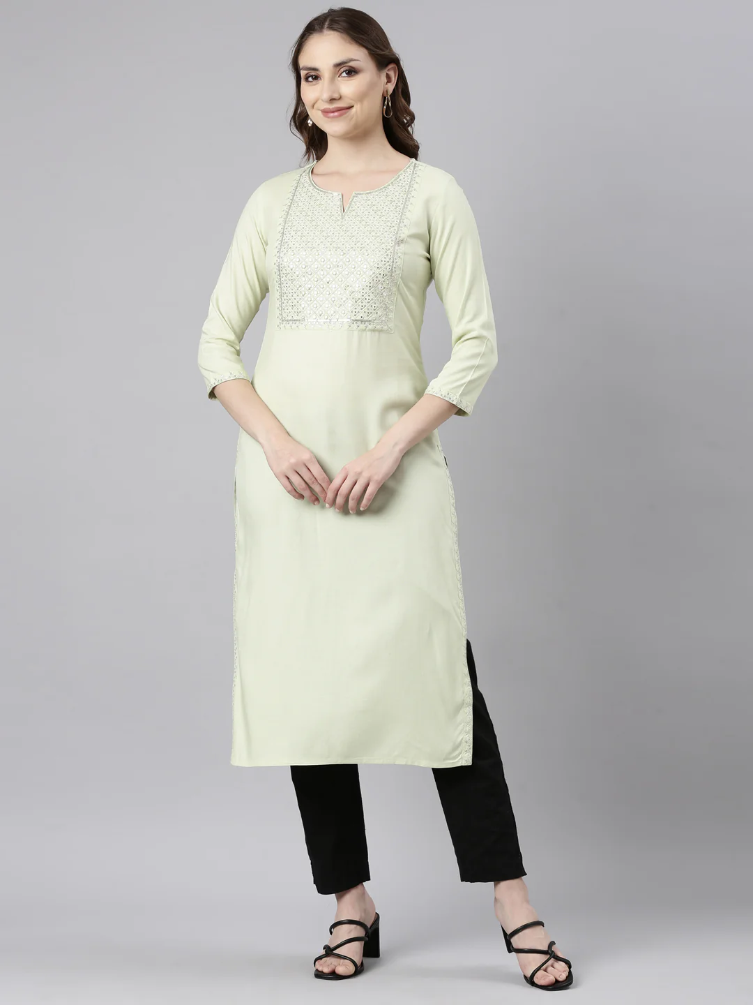 Neerus Lime Green Panelled Straight Solid Kurta