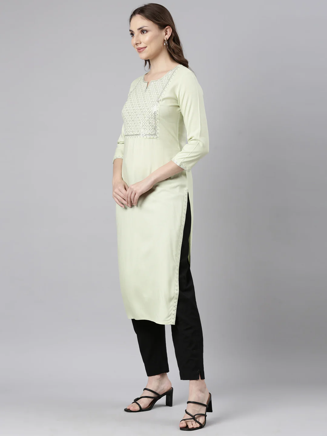 Neerus Lime Green Panelled Straight Solid Kurta - Image 2