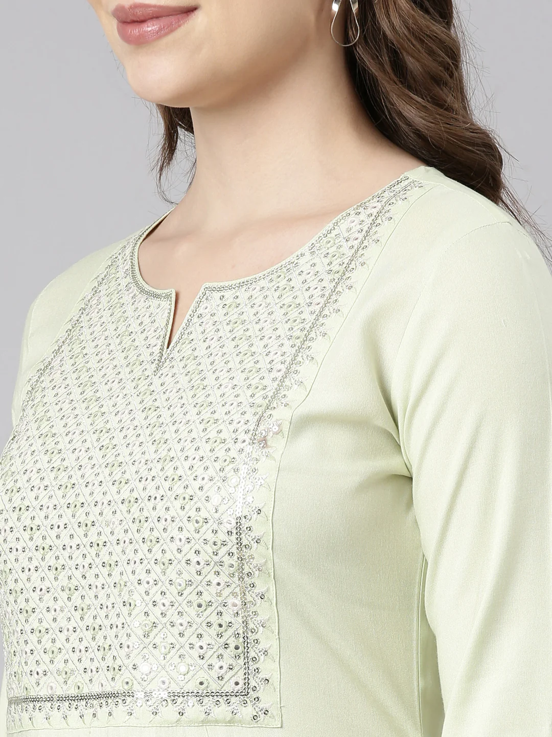 Neerus Lime Green Panelled Straight Solid Kurta - Image 4