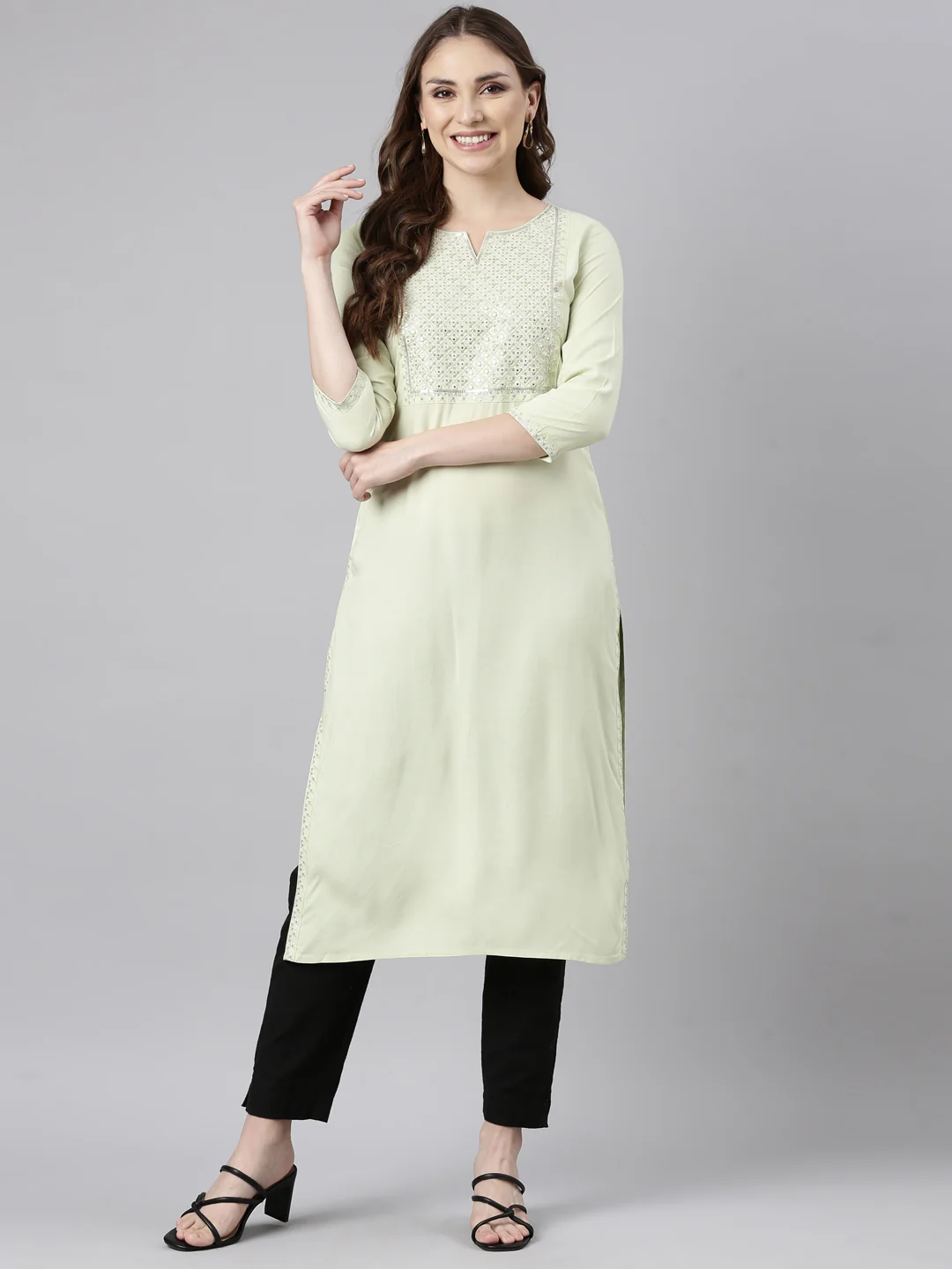 Neerus Lime Green Panelled Straight Solid Kurta - Image 5