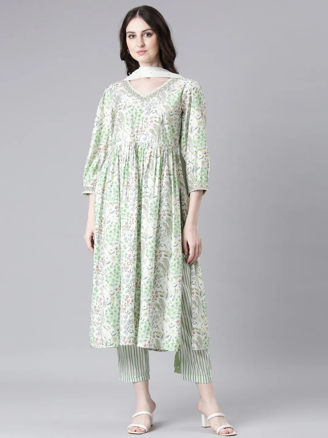 Neerus Lime Green Printed Straight Kurta and Trousers With Dupatta
