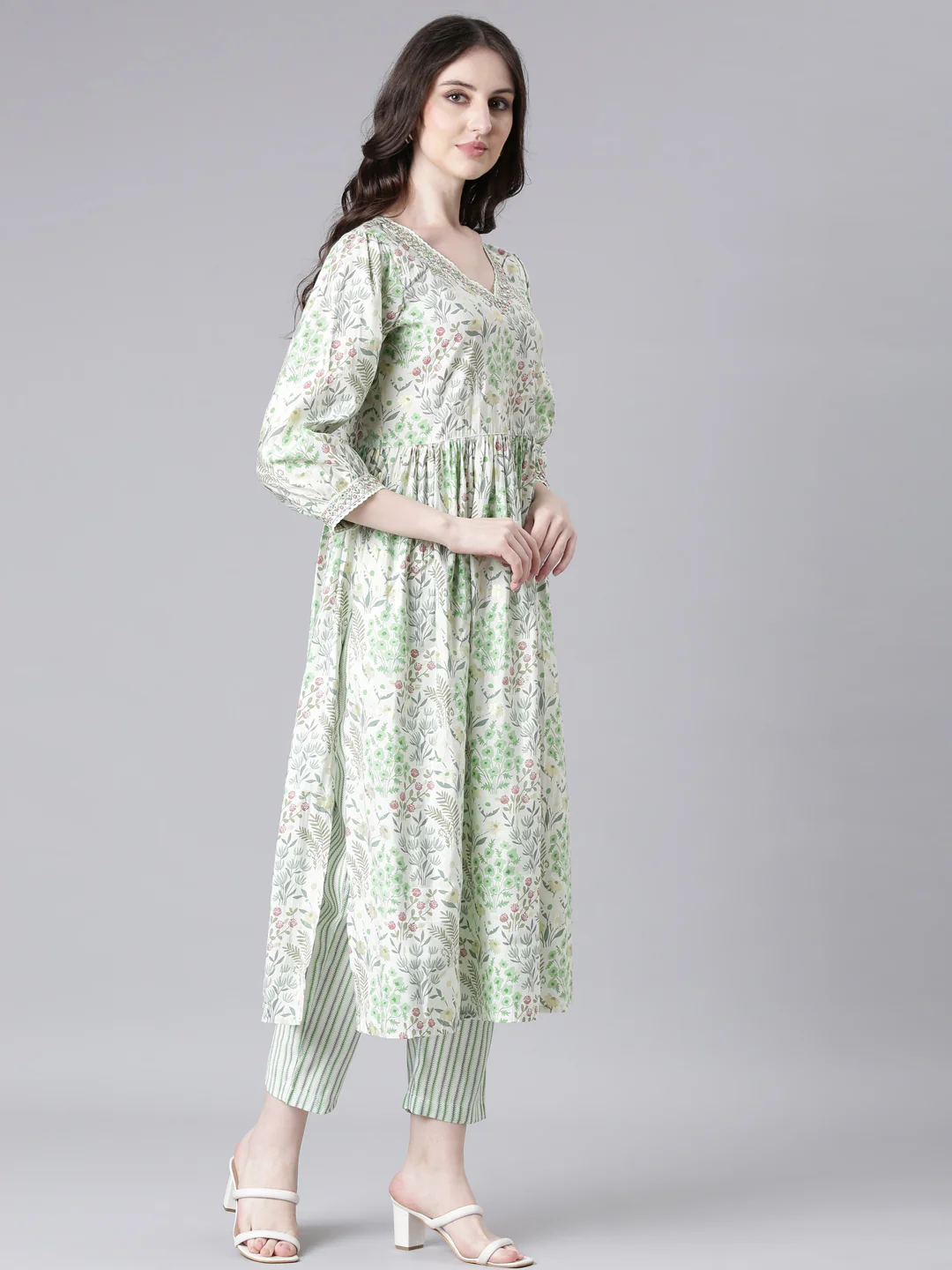 Neerus Lime Green Printed Straight Kurta and Trousers With Dupatta - Image 2