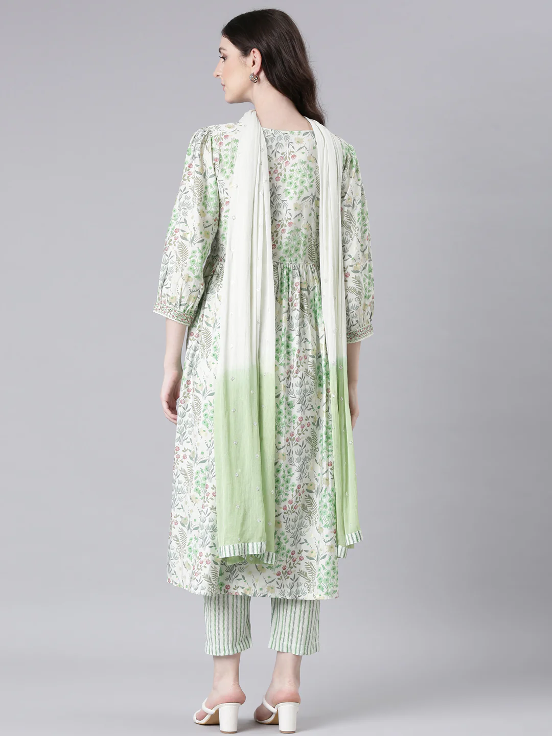 Neerus Lime Green Printed Straight Kurta and Trousers With Dupatta - Image 3