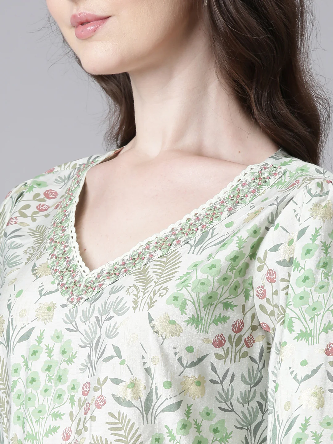 Neerus Lime Green Printed Straight Kurta and Trousers With Dupatta - Image 4
