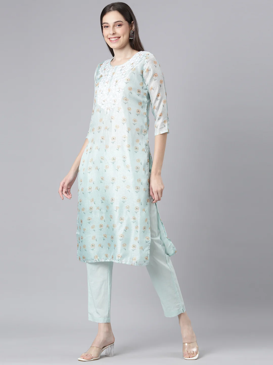 Neerus Lime Green Printed Straight Kurta and Trousers With Dupatta - Image 3
